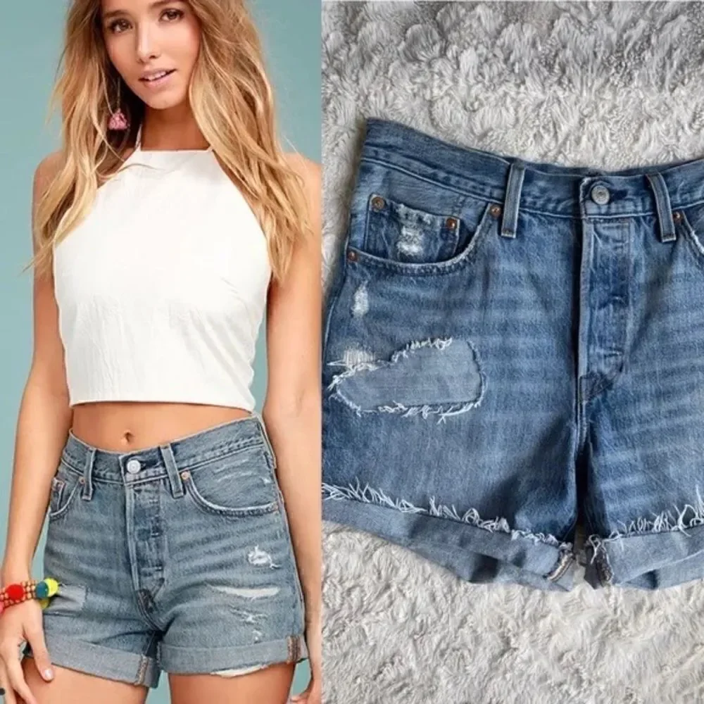 Levi's 501 long denim jean shorts distressed raw hem high rise medium wash 24